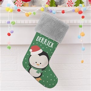 Holly Jolly Penguin Personalized Grey Faux Fur Christmas Stocking - 28055-GF