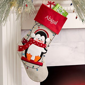 Christmas Lights Penguin Personalized Christmas Stocking - 28067-P