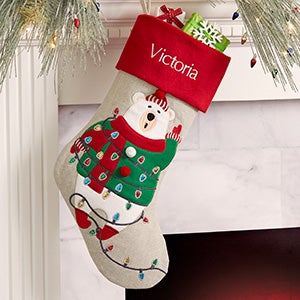 Christmas Lights Polar Bear Personalized Christmas Stocking - 28067-PB