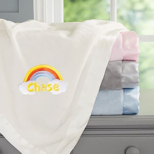 Rainbow Embroidered Ivory Satin Trim Baby Blanket - 28184-I