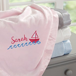Sailboat Embroidered Pink Satin Trim Baby Blanket - 28189-P