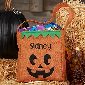 Jack-o-Lantern Personalized Burlap Small Halloween Treat Bag - 28218