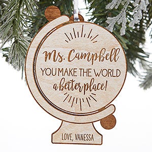 Globe For Teacher Personalized Wood Ornament- Whitewash - 28325-W