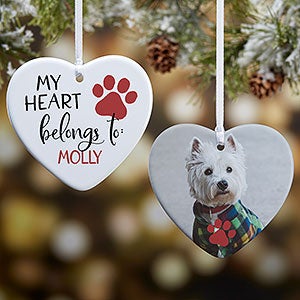PERSONALIZED CHRISTMAS ORNAMENT Our Hearts Pet Dog Cat Paws RIP In Loving Memory 