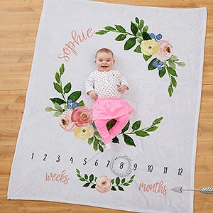 Floral Milestone Personalized Baby Plush Fleece Blanket - 28423