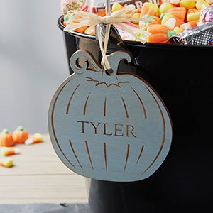 Personalized Blue Stain Wood Pumpkin Tag - 28467-BL