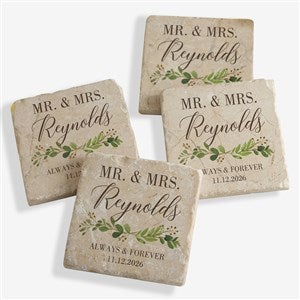 Laurels of Love Personalized Wedding Tumbled Stone Coaster Set - 28704