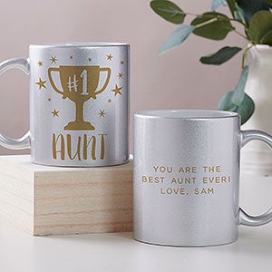 #1 Aunt Trophy Personalized 11oz Silver Glitter Coffee Mug - 28904-S