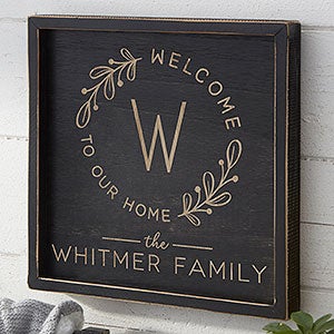 Welcome Wreath Personalized Distressed Black Wood Frame Wall Art- 12x 12 - 29609-12x12