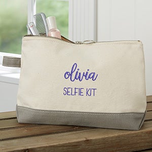 Scripty Style Embroidered Canvas Grey Makeup Bag - 30077-G