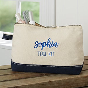 Scripty Style Embroidered Canvas Navy Makeup Bag - 30077-N