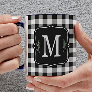 Black & White Buffalo Check Personalized Coffee Mug 11 oz Blue - 30488-BL