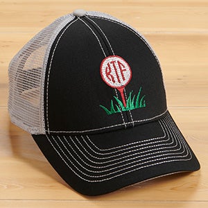 Golf Ball Monogram Embroidered Black-Grey Trucker Hat - 30496-B
