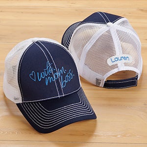 Wife. Mom. Boss. Embroidered Navy/White Trucker Hat - 30816-N