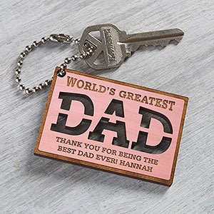 Worlds Greatest Dad Personalized Pink Stain Wood Keychain - 31247-P