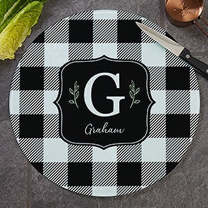 Black  White Buffalo Check Personalized Round Glass Cutting Board - 12 inch - 31290-12