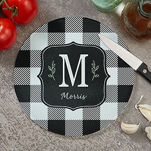 Black  White Buffalo Check Personalized Round Glass Cutting Board - 8 inch - 31290-8