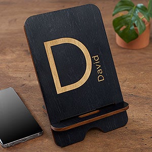 Block Initial Personalized Black Poplar Wooden Phone Stand - 31608-BLK