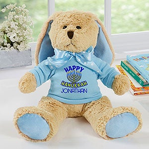 Happy Hanukkah Personalized Tan Plush Bunny-Blue - 31677-B