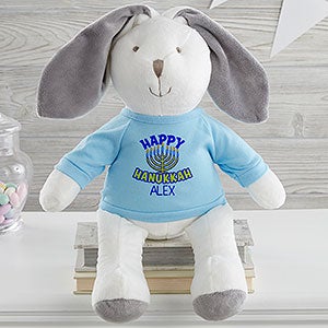 Happy Hanukkah Personalized White Plush Bunny - Blue - 31678-WB