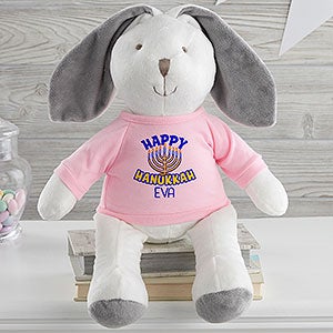 Happy Hanukkah Personalized White Plush Bunny-Pink - 31678-WP