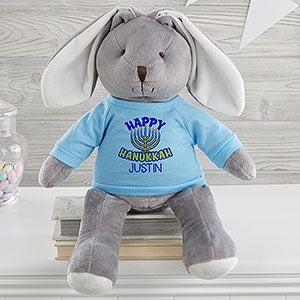 Happy Hanukkah Personalized Grey Plush Bunny-Blue - 31678-GB