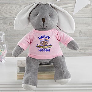 Happy Hanukkah Personalized Grey Plush Bunny - Pink - 31678-GP