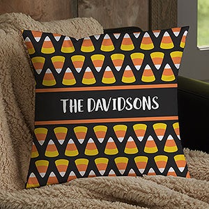 Candy Corn Personalized Halloween 14x14 Velvet Throw Pillow - 31898-SV