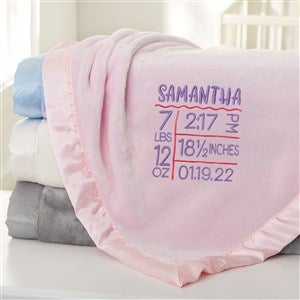 Birth Info Embroidered Pink Satin Trim Baby Blanket - 32077-P