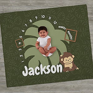 Jolly Jungle Monkey Personalized Baby Milestone Fleece Blanket - 32254-M