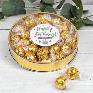 Pastel Birthday Personalized Gold Lindt Gift Tin - White Chocolate - 32443D-LW