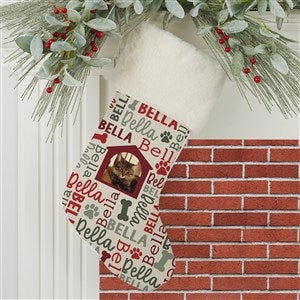 Repeating Pet Name Personalized Photo Ivory Fur Christmas Stocking - 32637-IF