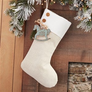 Rocking Horse Ivory Stocking with Personalized Blue Wood Tag - 32650-B