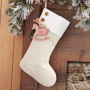 Rocking Horse Ivory Stocking with Personalized Pink Wood Tag - 32650-P
