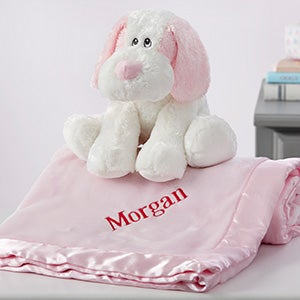 Embroidered Pink Satin Trim Baby Blanket with Plush Puppy Set - 32706-P