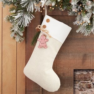 Gingerbread Family Ivory Stocking with Personalized Pink Wood Tag - 32713-P