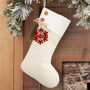 Snowflake Family Ivory Stocking with Personalized Red Maple Wood Tag - 32714-R