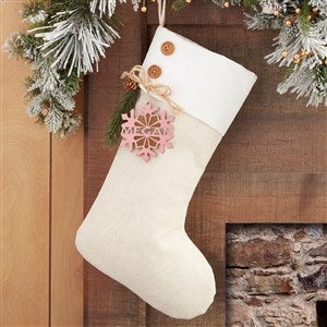 Snowflake Family Ivory Stocking with Personalized Pink Wood Tag - 32714-P