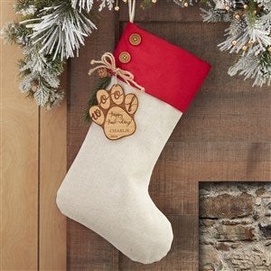 Happy Howl-idays Red Stocking with Personalized Natural Wood Tag - 32715-RN