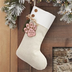 Happy Howl-idays Ivory Stocking with Personalized Pink Wood Tag - 32715-P