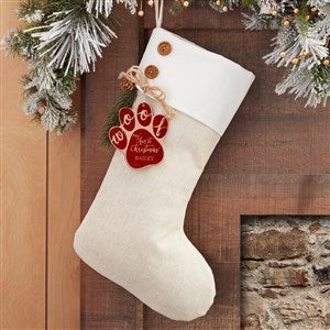 Happy Howl-idays Ivory Stocking with Personalized Red Maple Wood Tag - 32715-R