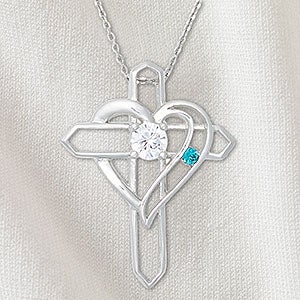 Heart & Cross Personalized Sterling Silver 1 Birthstone Necklace - 32818D-1SS