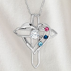 Heart & Cross Personalized Sterling Silver 3 Birthstone Necklace - 32818D-3SS