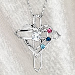 Heart  Cross Personalized Sterling Silver 3 Birthstone Necklace - 32818D-3SS
