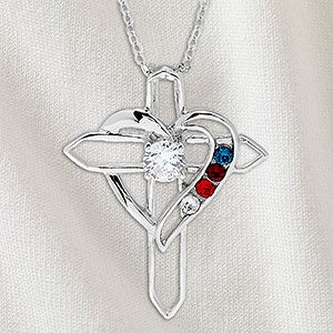 Heart & Cross Personalized Sterling Silver 4 Birthstone Necklace - 32818D-4SS