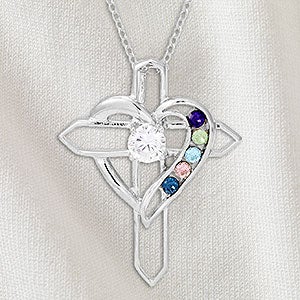 Heart & Cross Personalized Sterling Silver 5 Birthstone Necklace - 32818D-5SS