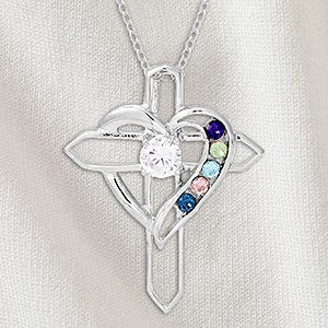 Heart  Cross Personalized Sterling Silver 5 Birthstone Necklace - 32818D-5SS