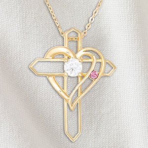 Heart & Cross Personalized Gold 1 Birthstone Necklace - 32818D-1GD