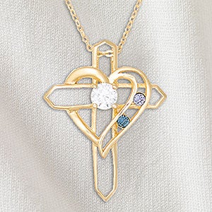 Heart  Cross Personalized Gold 2 Birthstone Necklace - 32818D-2GD