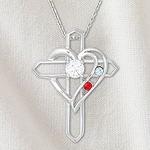 Heart & Cross Personalized Sterling Silver 2 Birthstone Necklace - 32818D-2SS